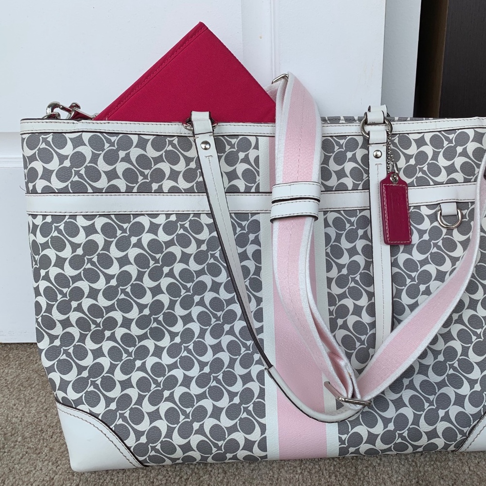 Coach Grey/ White/ Pink Diaper Bag / laptop tote